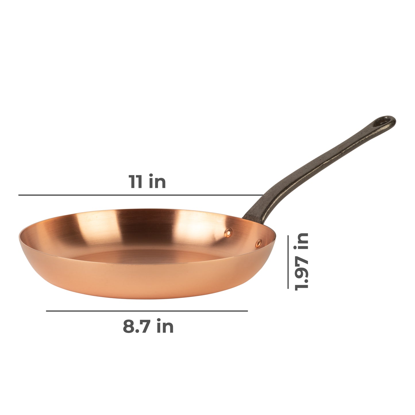 Pure copper frying pan without coating, Ø 11 in