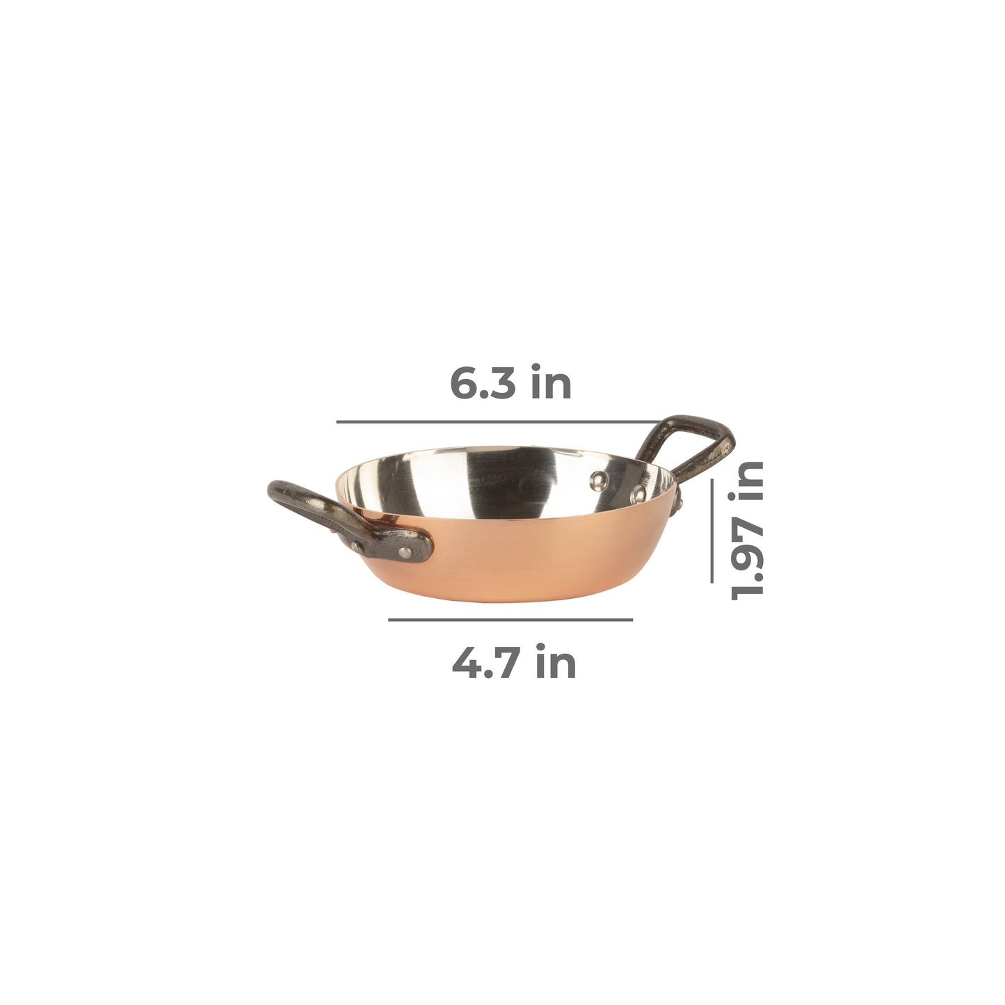 Tinned copper pan with two handles, Ø 6.3 in